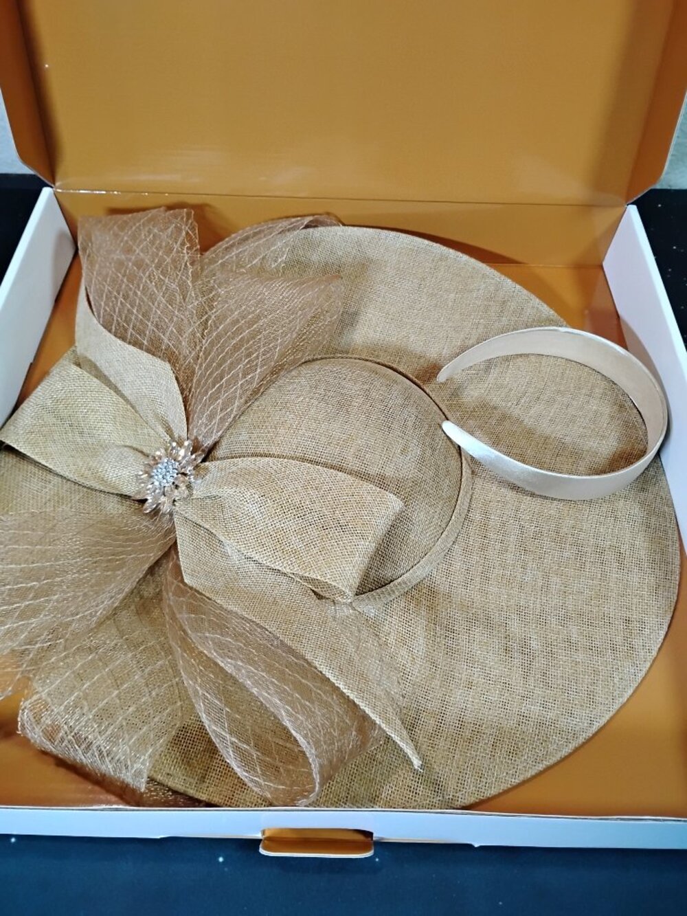 Gold Fascinator Hat Wide Brim Kentucky Derby Tea Party Wedding Headband - Picture 2 of 7